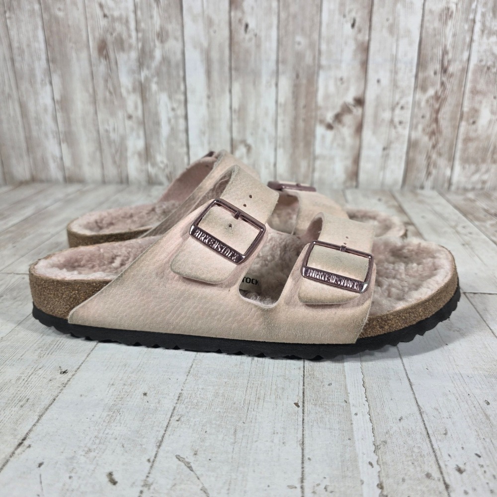 Birkenstock Arizona Shearling Rose Pink Suede Slide Sandals Womens 40 L9 M7